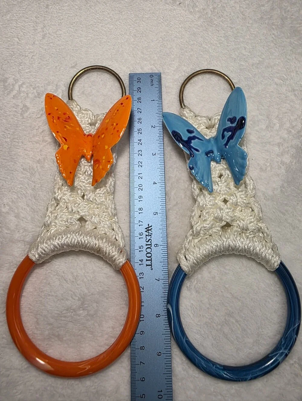 Pair Of Vintage Macrame Kitchen Towel Holders With Butterfly Accents Orange Blue